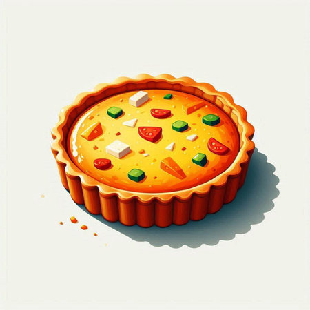 Illustration of a pie with cheese and vegetables on a white background