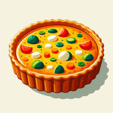 Cartoon illustration of a pie with vegetables and mozzarella.