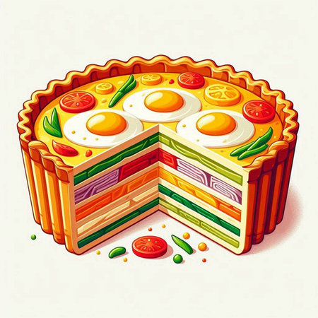 Illustration of a pie with eggs and vegetables in a cartoon style