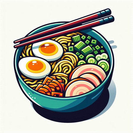 Illustration of a bowl of japanese ramen with chopsticksの写真素材