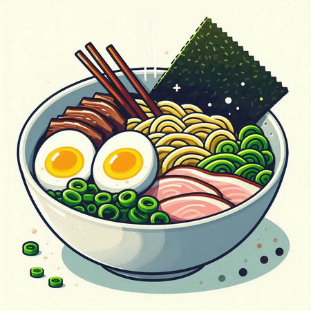 Illustration of a bowl of noodle soup with pork and egg