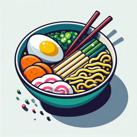 Bowl of noodle soup with chopsticks and egg. Vector illustration.の写真素材