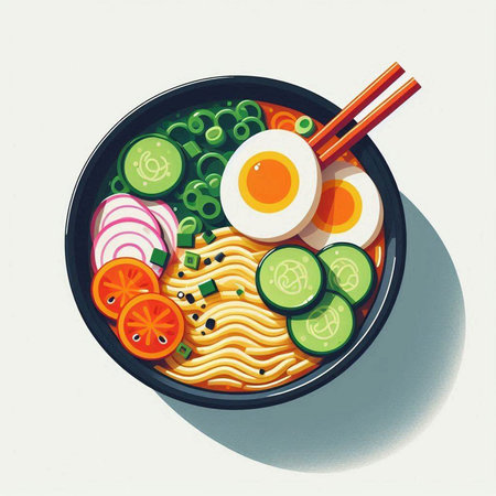 Bowl of japanese noodle soup. Vector illustration.