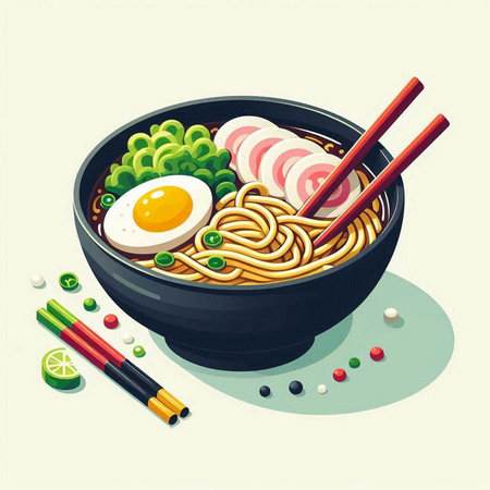 Japanese ramen noodle in bowl with chopsticks. Vector illustration.