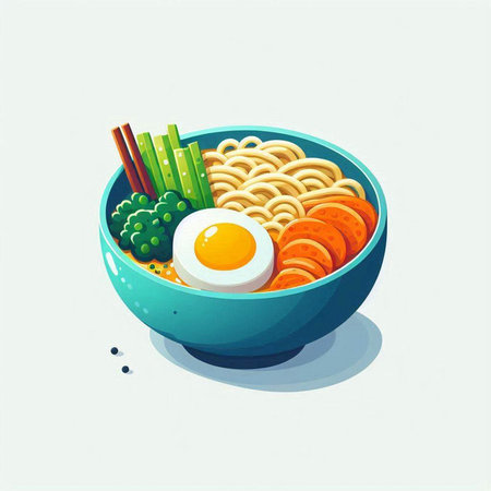 Bowl of noodle with egg and carrot. Vector illustration.