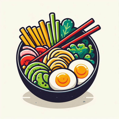 Bowl of noodle with egg and chopsticks. Vector illustration.