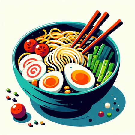 Illustration of a bowl of ramen noodles with egg and vegetables