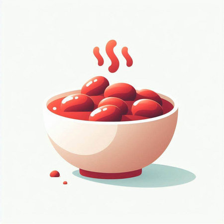Illustration of a bowl full of red cherries on a white background