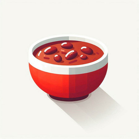 Tomato soup in a red bowl on a white background. Vector illustration.の写真素材
