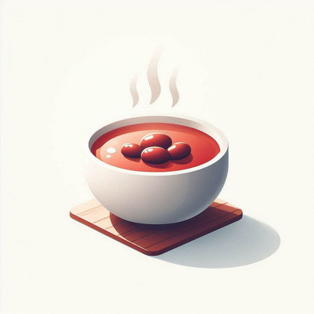 Tomato soup in a white bowl on a wooden stand. Vector illustration.