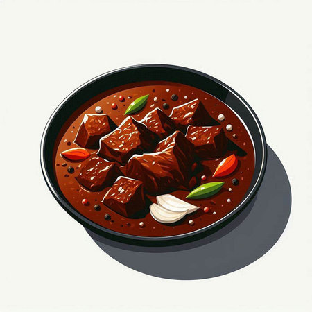 Illustration of beef stew in a bowl on a white background.