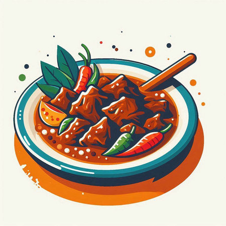 Illustration of a bowl of beef stew with vegetables and spices.の写真素材