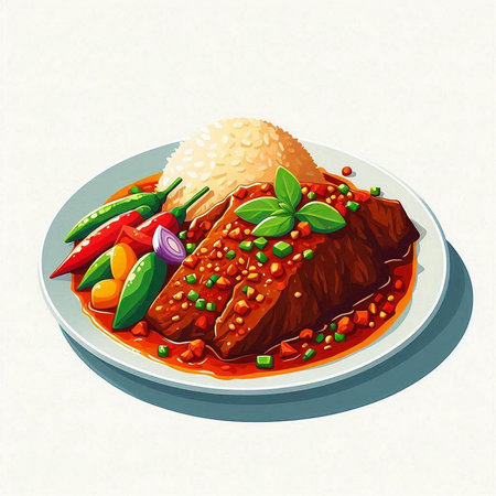 Illustration of a beef stewed with rice and vegetables on a plateの写真素材