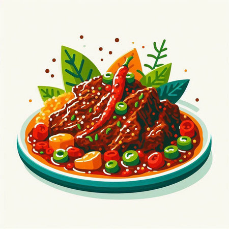 Illustration of fried beef with vegetables on plate. Vector illustration.の写真素材