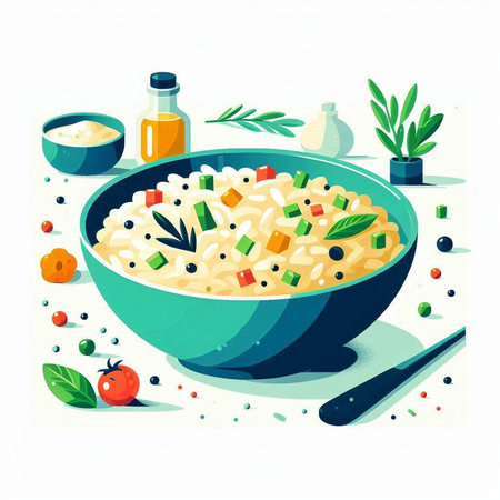 Risotto in a bowl with vegetables and spices. Vector illustration.の写真素材