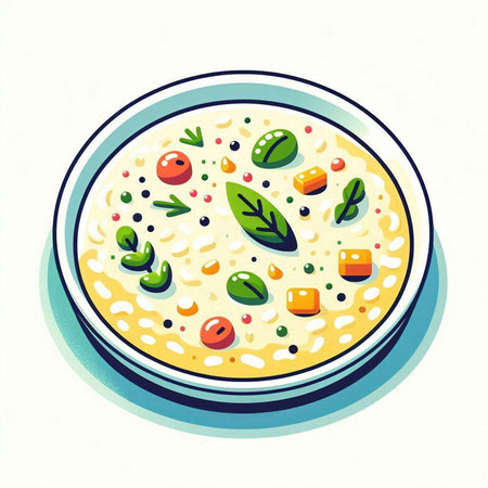 Bowl of omelet with vegetables and herbs. Vector illustration.