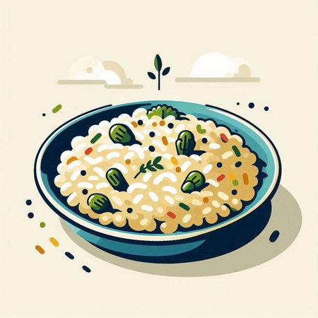 Illustration of a bowl of risotto with green peas and basil