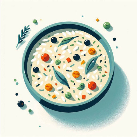 Illustration of a bowl of risotto with green peas and carrots