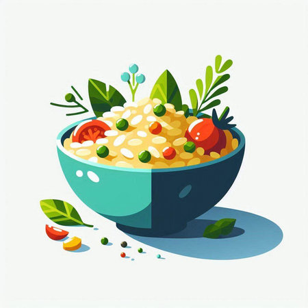 Vector illustration of a bowl of brown rice on a white background.