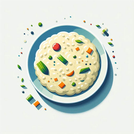 Rice porridge with vegetables on a plate. Vector illustration.