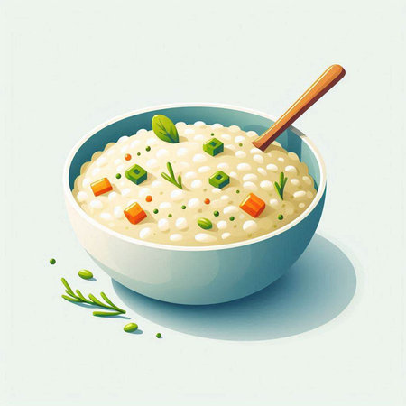 Illustration of a bowl of rice porridge with vegetables and herbs