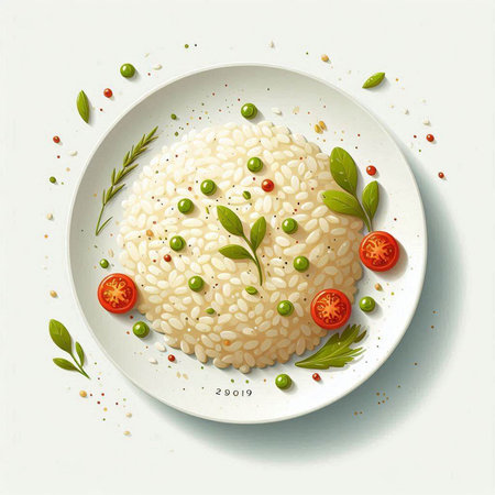 Rice with vegetables and herbs on a white plate. Vector illustration.の写真素材