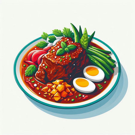 Illustration of a bowl of spicy beef stew with vegetables and eggの写真素材