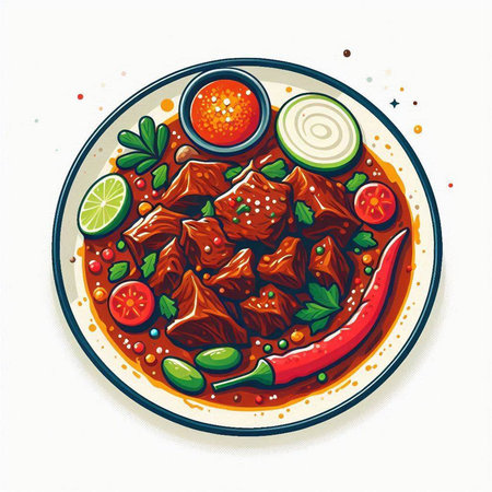 Illustration of a bowl of hot and spicy beef stew with vegetablesの写真素材