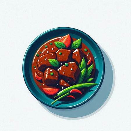 Vector illustration of a bowl of beef stewed in tomato sauce.