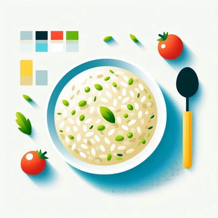 Risotto with basil and tomatoes on a white background. Vector illustration.の写真素材