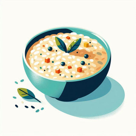 Illustration of oatmeal porridge in a blue bowl with leavesの写真素材