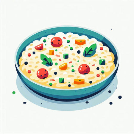 Illustration of oatmeal porridge with vegetables in a bowl.