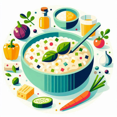 Rice porridge with vegetables. Vector illustration in flat style.の写真素材
