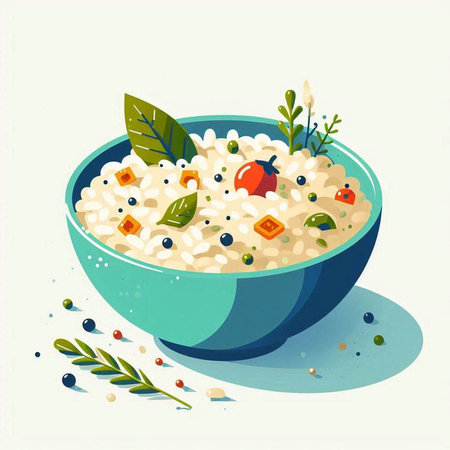 Risotto with cherry tomatoes and parsley. Vector illustration.の写真素材