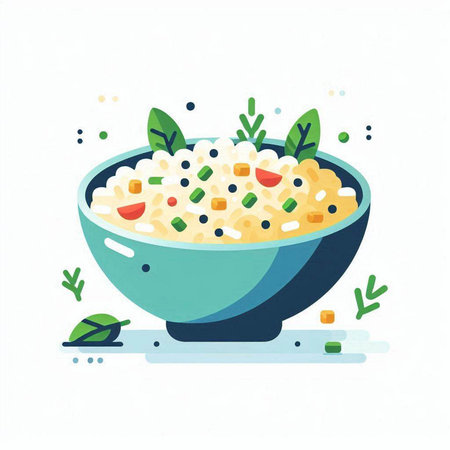 Illustration of a bowl of rice with vegetables, herbs and spicesの写真素材