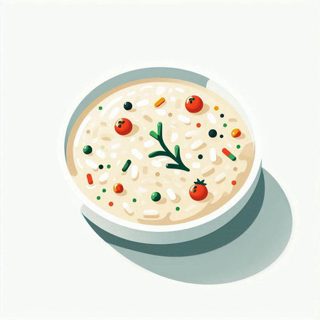 Rice soup with tomatoes and herbs in a bowl. Vector illustration.の写真素材