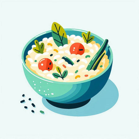 Rice porridge in a bowl. Vector illustration in cartoon style.の写真素材
