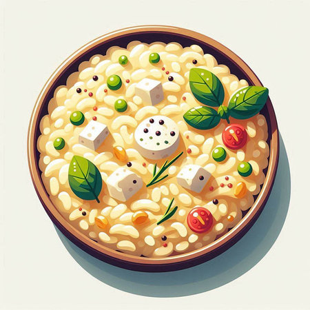 Illustration of a bowl of risotto with mozzarella cheeseの写真素材