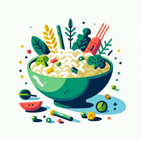 Rice with vegetables and herbs on a plate. Vector illustration.の写真素材