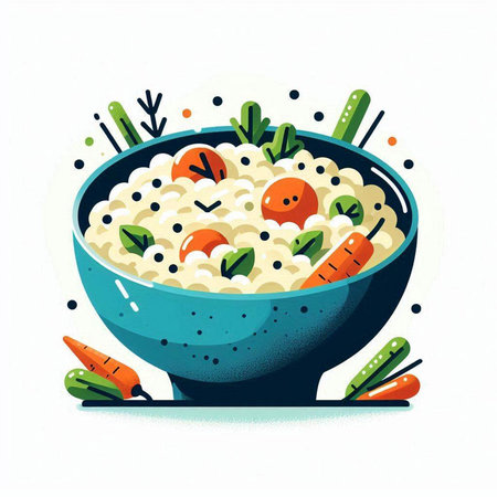 Rice porridge with vegetables in a bowl. Vector illustration.の写真素材