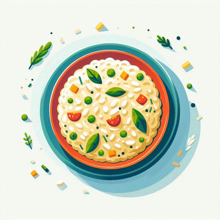 Risotto with basil, tomato and cheese in a bowl. Vector illustration.の写真素材