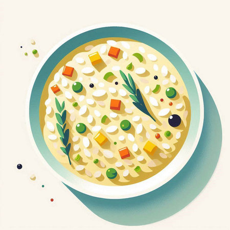 Illustration of a bowl of risotto with vegetables and olive oil