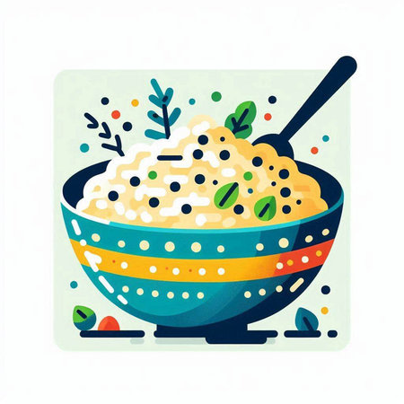 Vector illustration of porridge in a bowl with spoon. Flat style.の写真素材