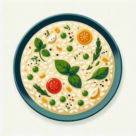 Illustration of a bowl of risotto with vegetables and herbs.の写真素材