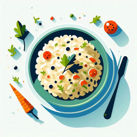 Risotto with carrot and parsley in a blue bowl. Vector illustration.の写真素材