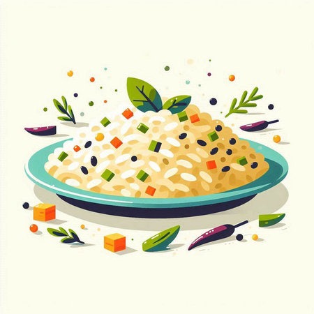 Risotto with vegetables and spices. Vector illustration in flat style