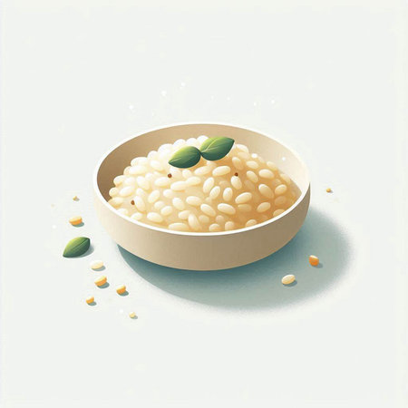 Illustration of a bowl of risotto on a white background.