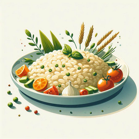 Illustration of a bowl of risotto with vegetables and herbs.