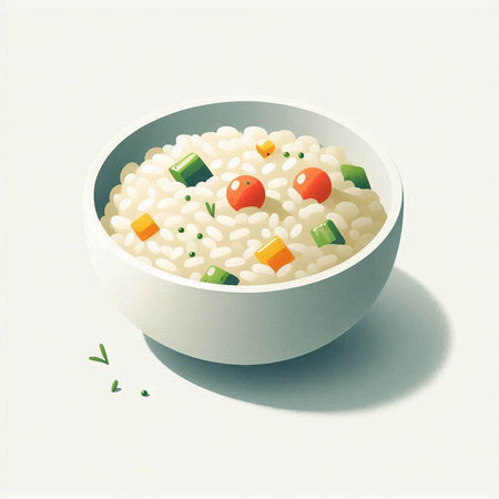 Rice with vegetables in a white bowl, 3d illustration.の写真素材