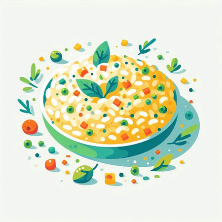 Risotto with green peas, carrots and basil. Vector illustrationの写真素材